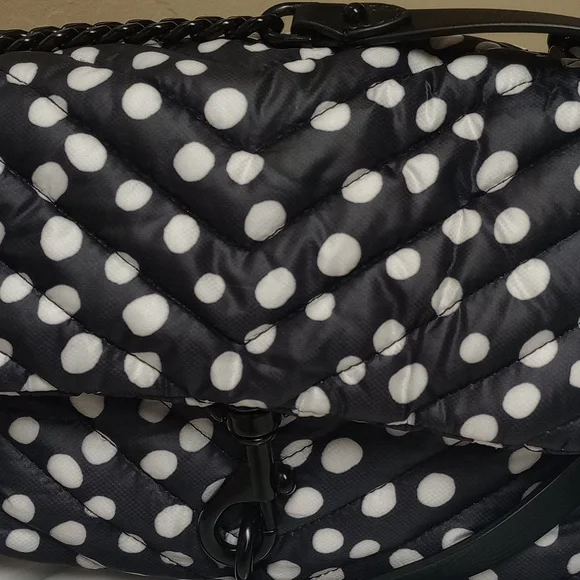 REBECCA MINKOFF "EDIE" BLACK & WHITE POLKA DOT NYLON PUFFER CHAIN CROSSBODY BAG - Picture 3 of 12